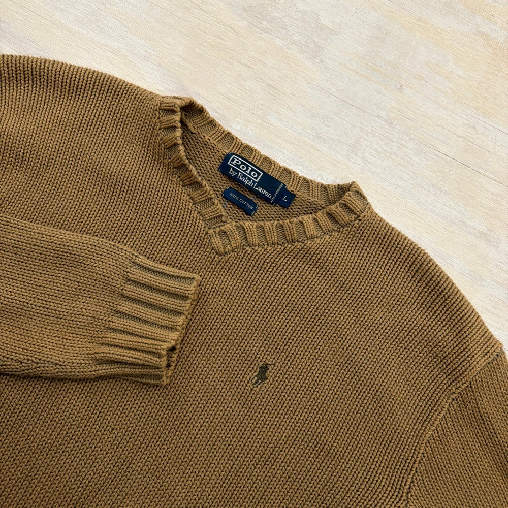 Polo Ralph Lauren Sweater V-Neck Cotton Knit Vintage Large Tan Brown Mens